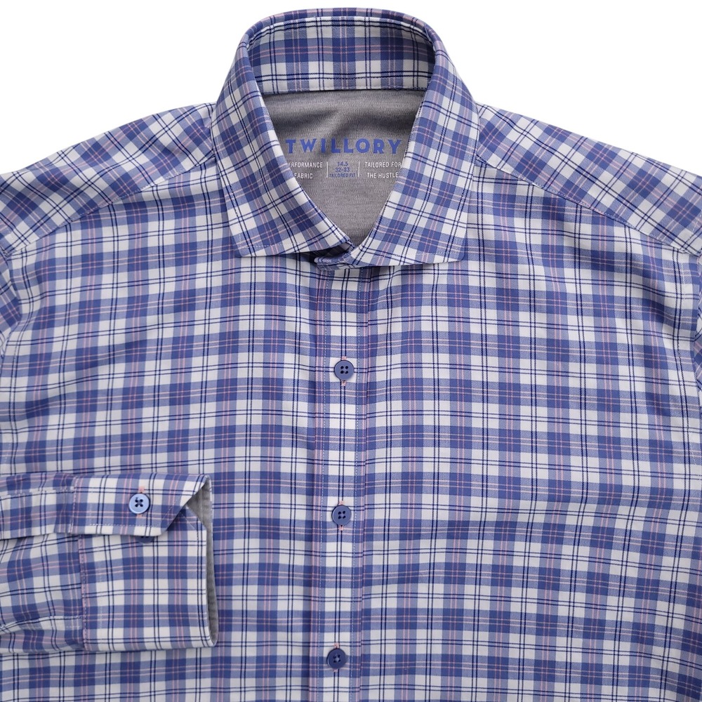 Twillory Dress Shirt 14.5 32/33 Tailored Fit Blue White Plaid Performance Fabric